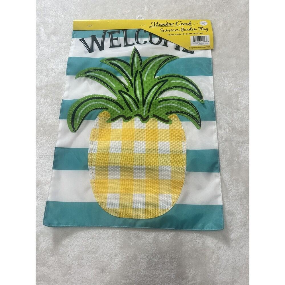 Meadow Creek Summer Appliqué Garden Flag Welcome Pineapple Aqua Stripes